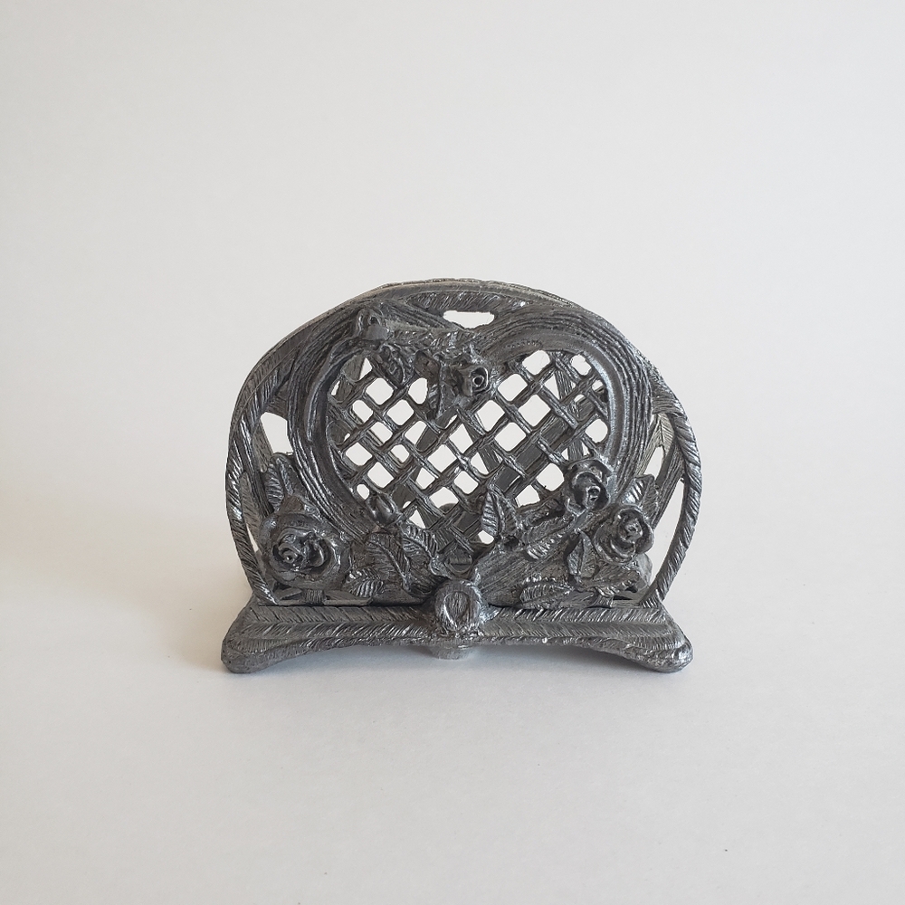 #Metzke Pewter Heart & Roses Business Card Letter Napkin Holder 1991